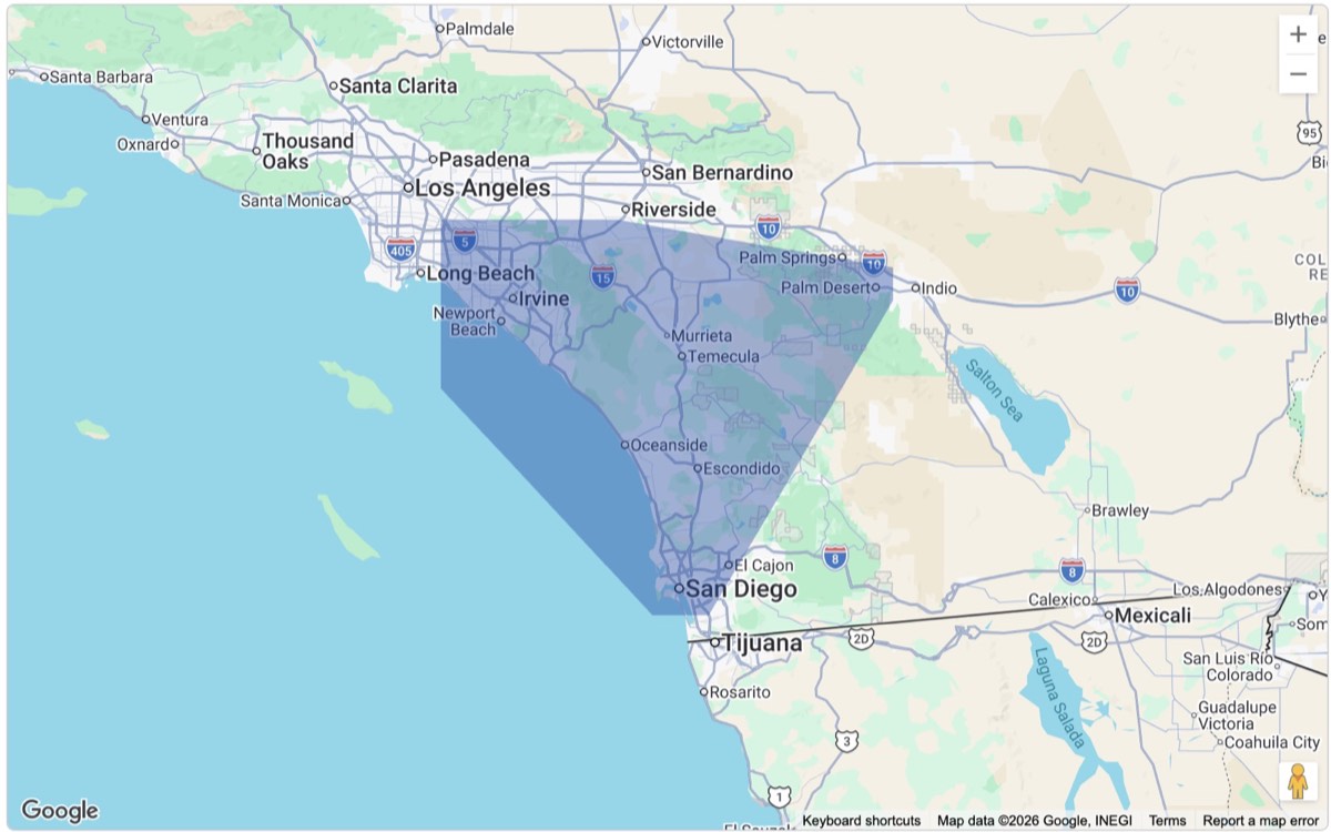 Map showing Happy Home Movers' service area across Orange County, Temecula, San Diego, and nearby Southern California