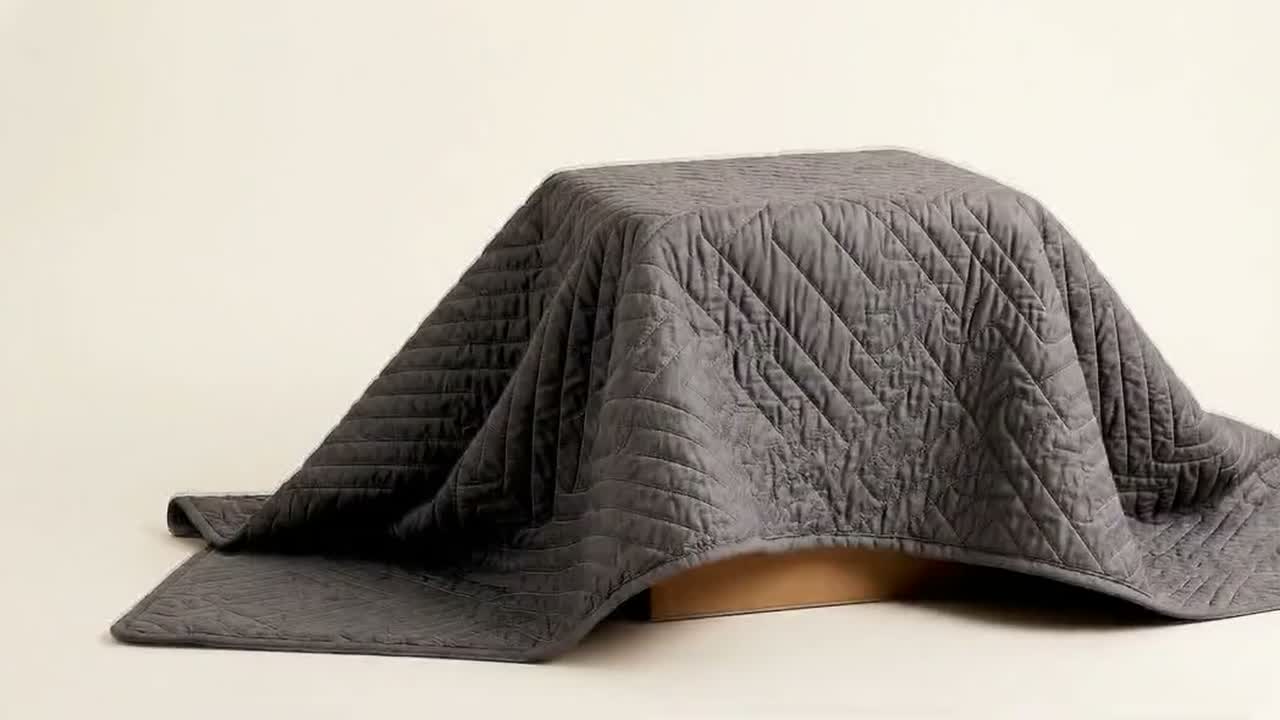 The marked box under a quilted moving blanket