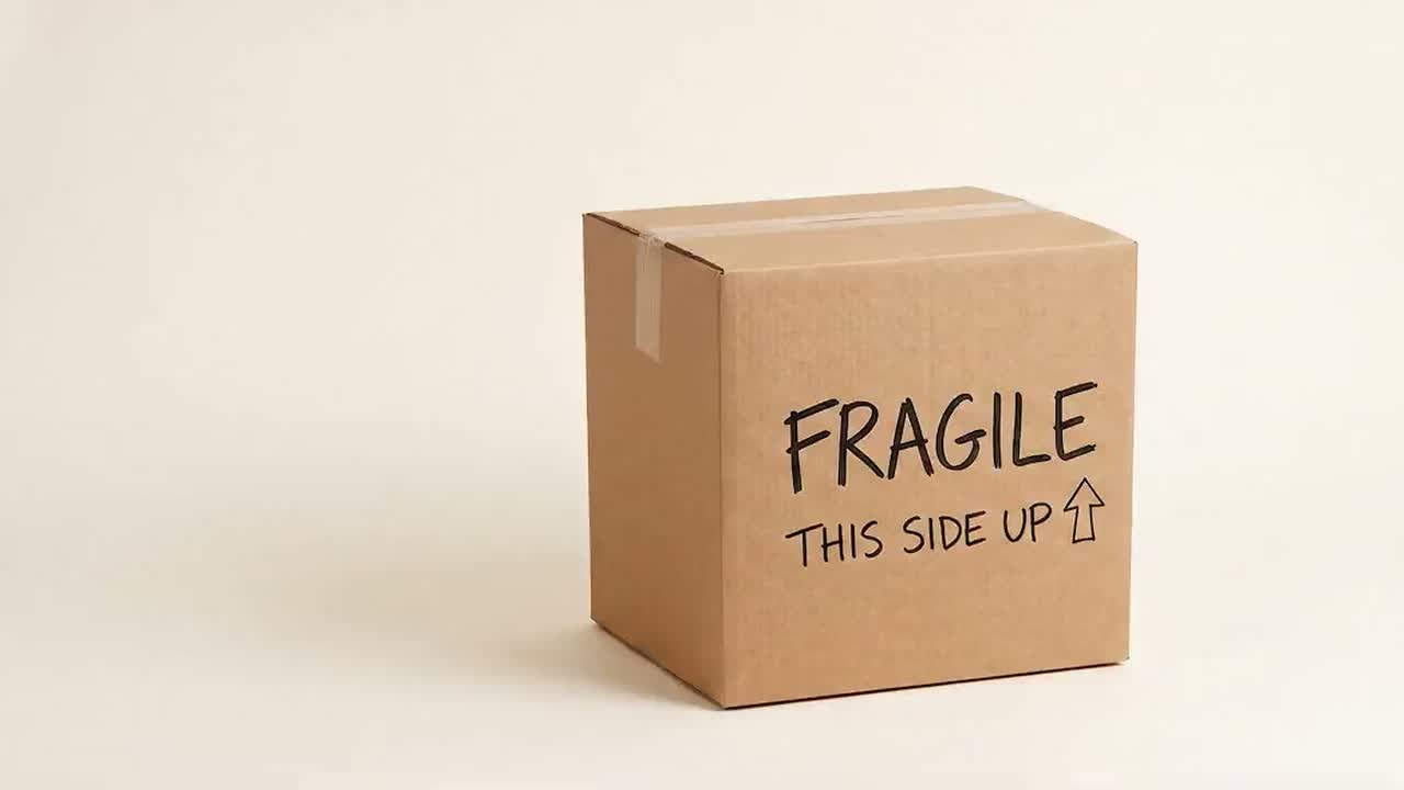 A closed, taped moving box marked Fragile, this side up